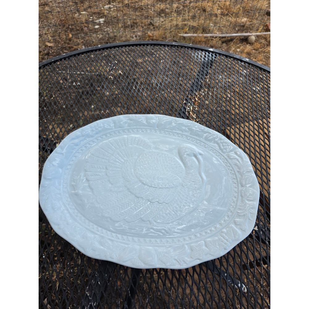 White Porcelain Turkey Platter Embossed Oval Thanksgiving Serving Dish 17 Inch